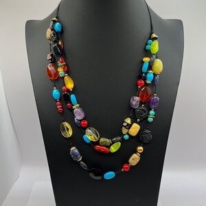 Beggars Beads Colorful Beaded knotted Necklace with gold tone spacers